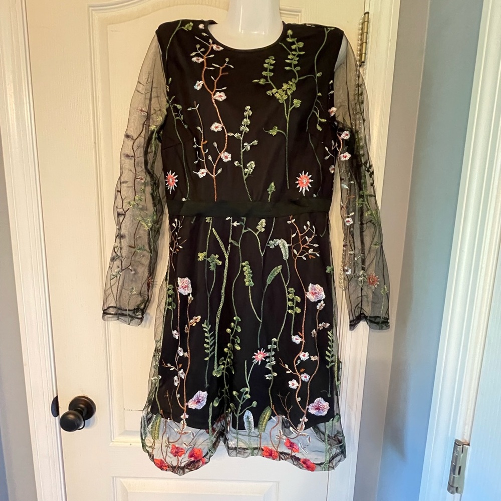 Size L Black floral embroidered dress w/ a sheer long-sleeved over layer